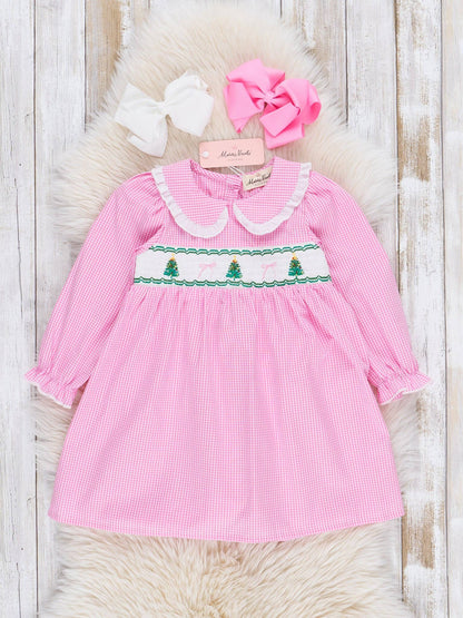 Pink Cotton Smocked Trees Ruffle Dress