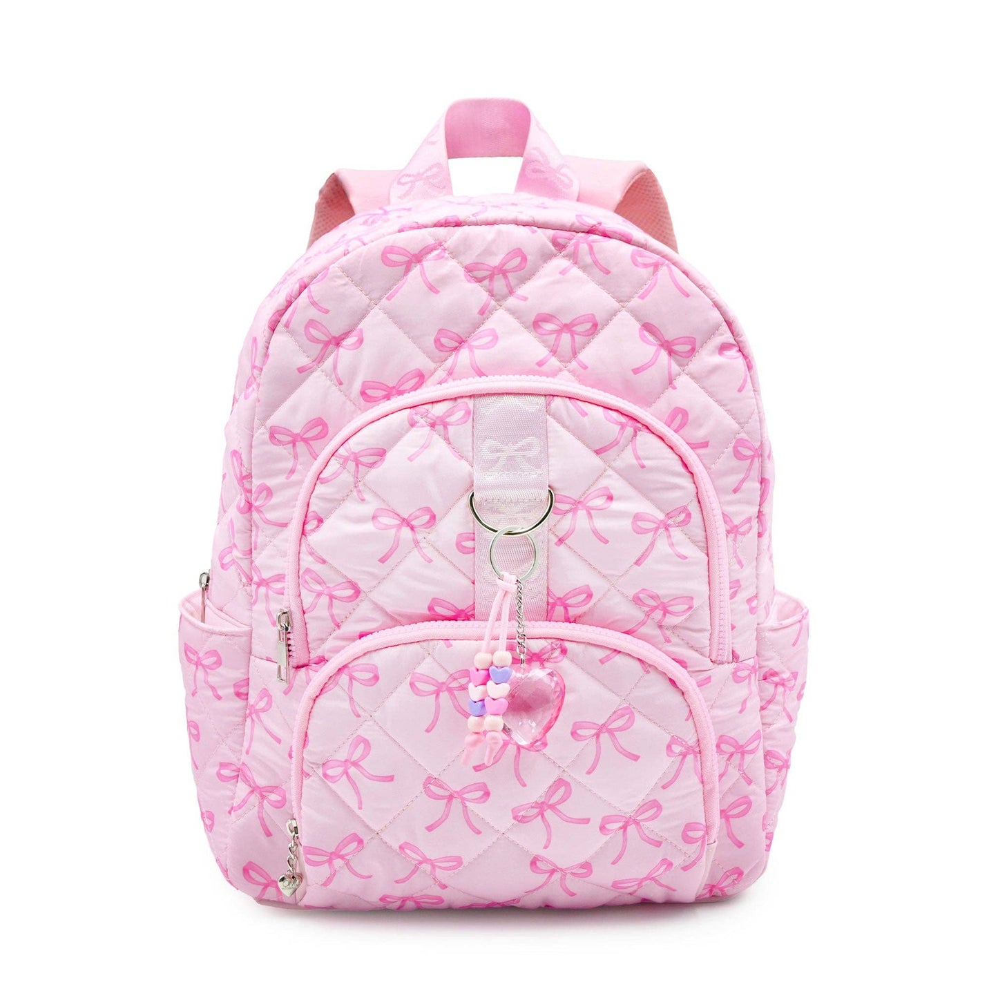 Bow Printed Quilted Large Backpack with Charm