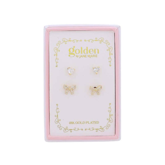 Kids 18K Gold Plated Set of 2 Heart & Bow Stud Earrings