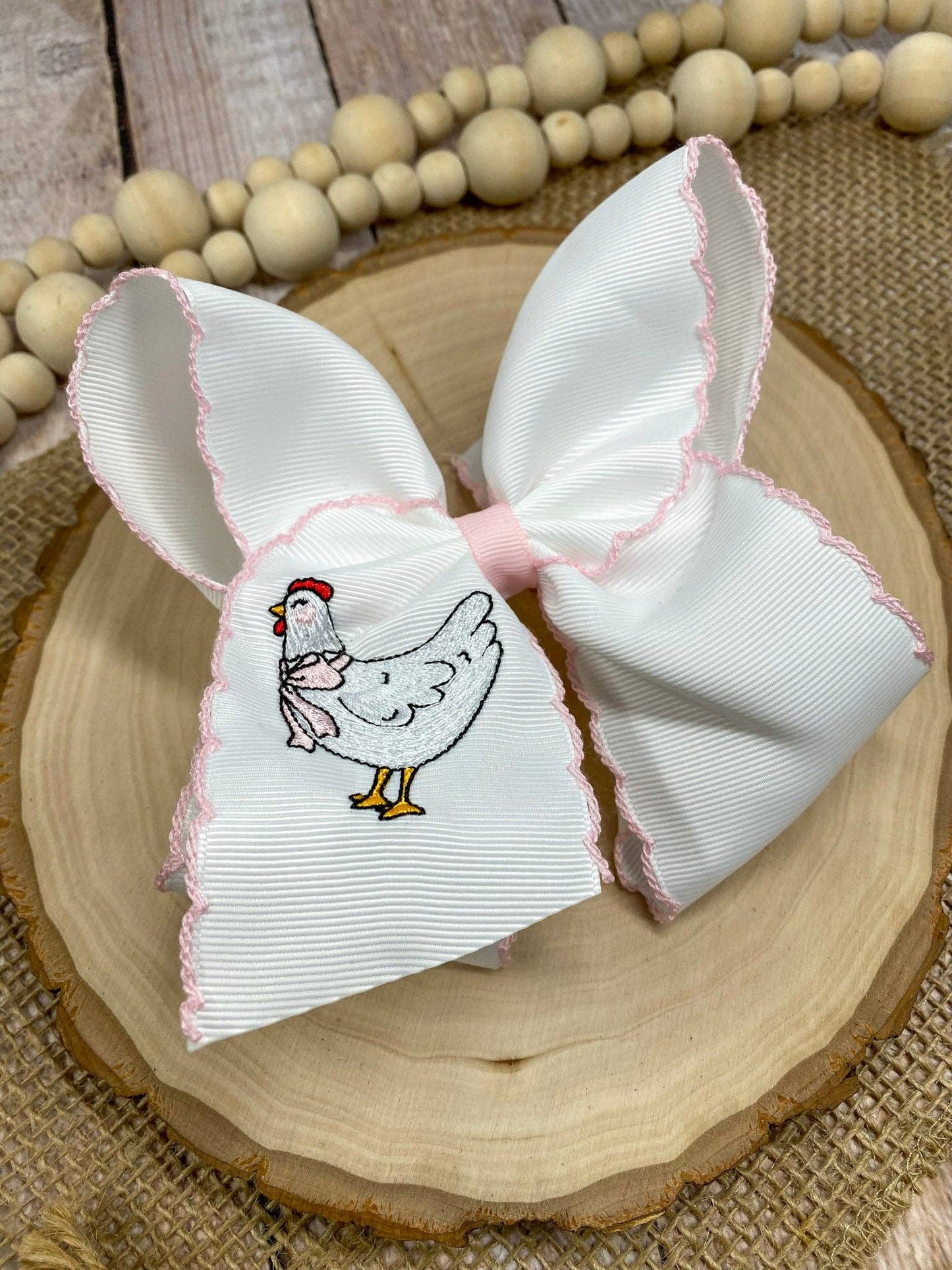 Chicken Embroidered Moonstitch Hair Bow