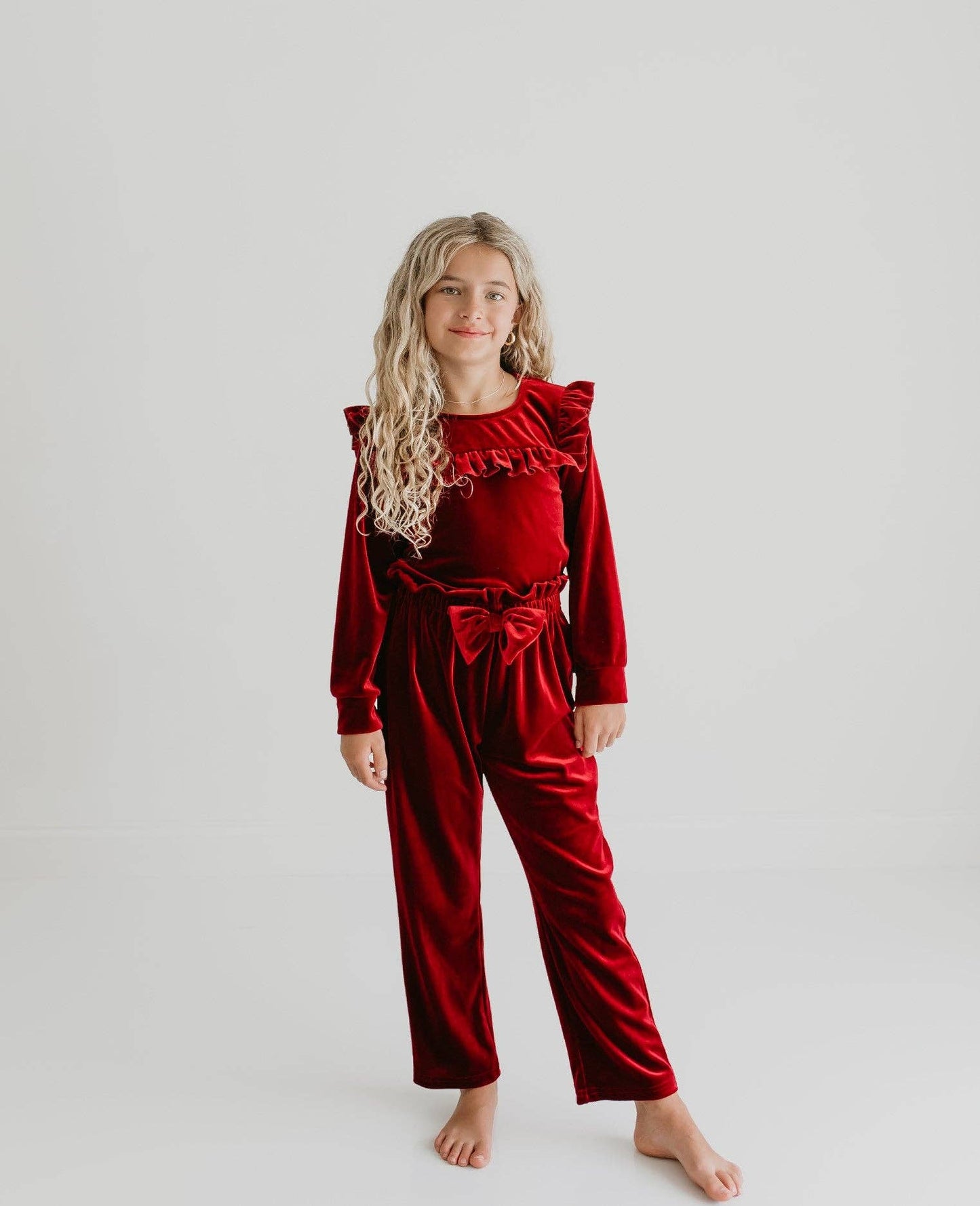 Girls Red Burgundy Velvet Christmas Holiday Pant Set