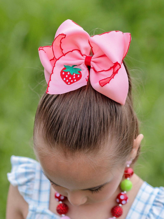 Strawberry Embroidered Moonstitch Hair Bow