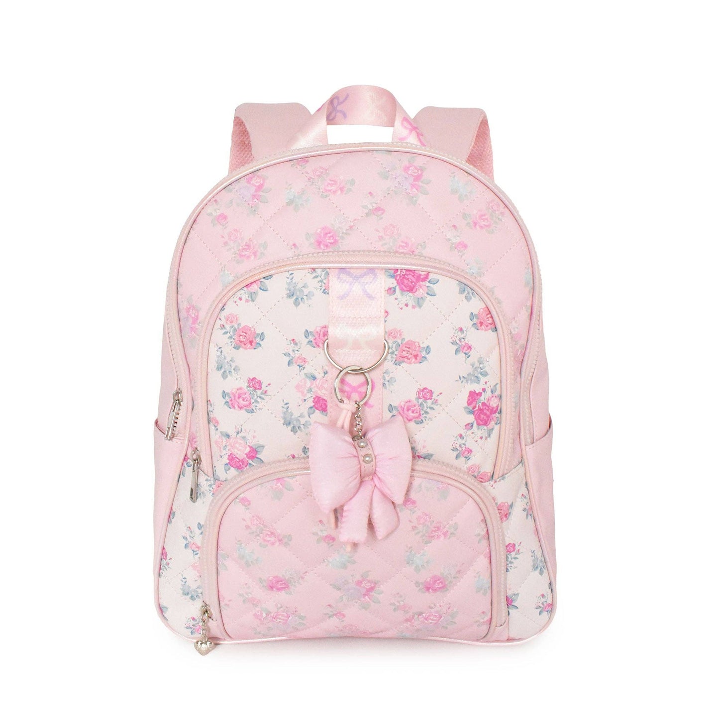 Floral Quilted Large Backpack with Bow Charm