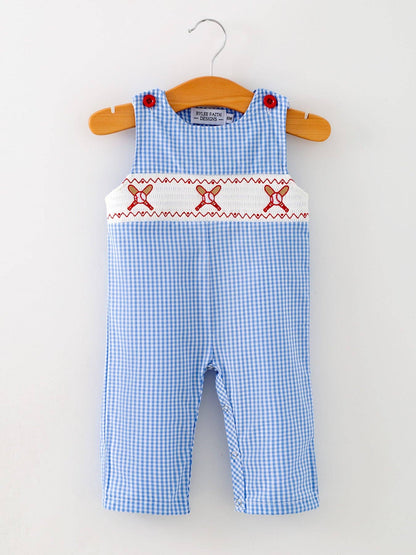 Blue Gingham Baseball Smock Romper