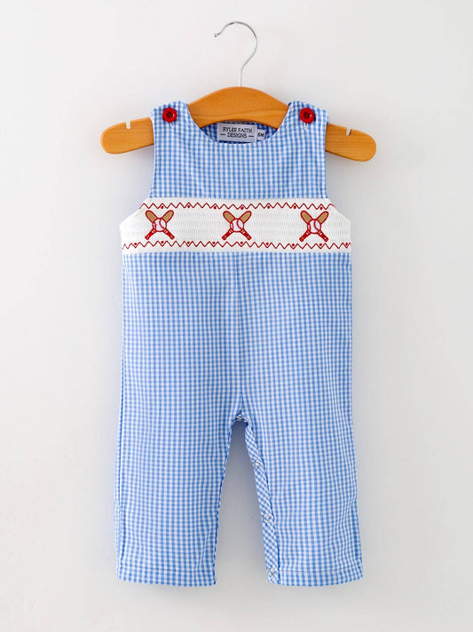 Blue Gingham Baseball Smock Romper