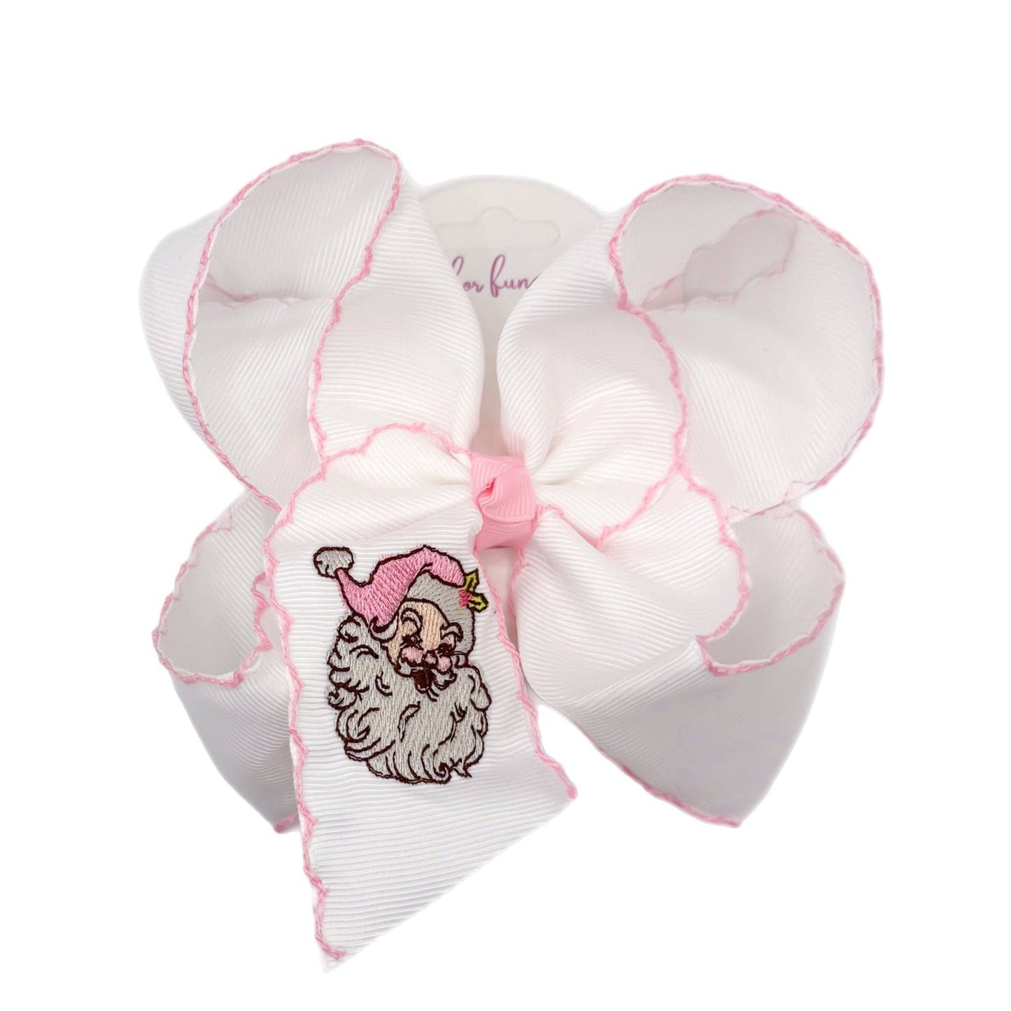 Pink Santa Embroidered Moonstitch Bow