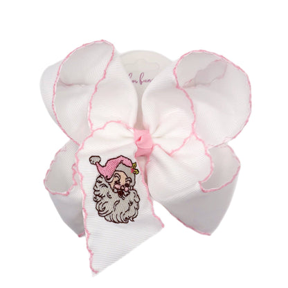 Pink Santa Embroidered Moonstitch Bow