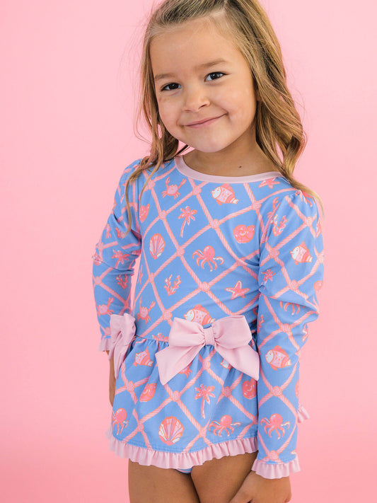 Girls Tropical Trellis Long Sleeve One Piece Bow Peplum Rash Guard Swimsuit