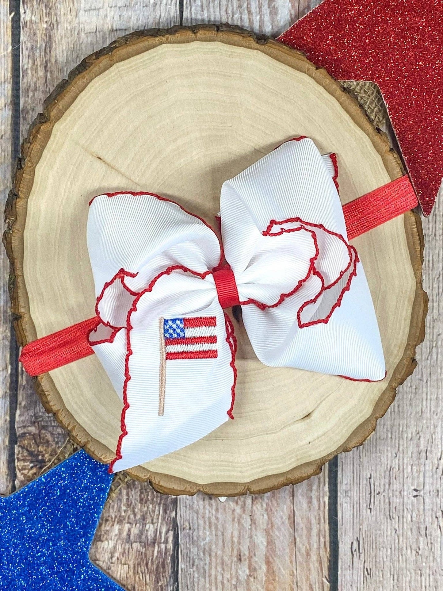 American Flag Embroidered Moonstitch Hair Bow