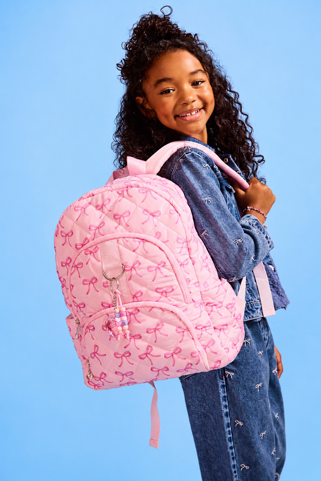 Bow Printed Quilted Large Backpack with Charm
