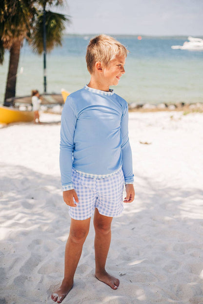 Boys Long Sleeve Swim Rashgaurd - Blue Gingham