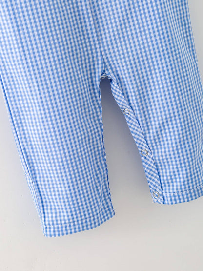 Blue Gingham Baseball Smock Romper