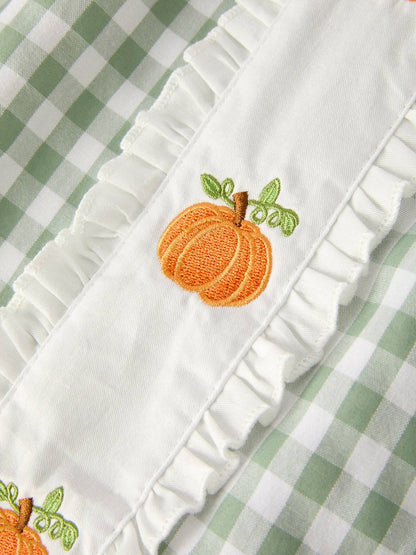 Fall Halloween & Thanksgiving Pumpkin Applique Plaid Green Girls Dress