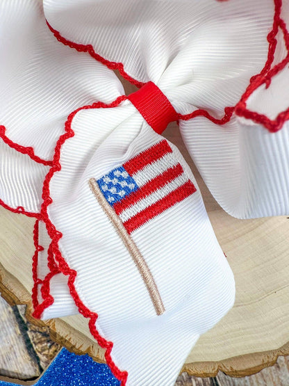 American Flag Embroidered Moonstitch Hair Bow