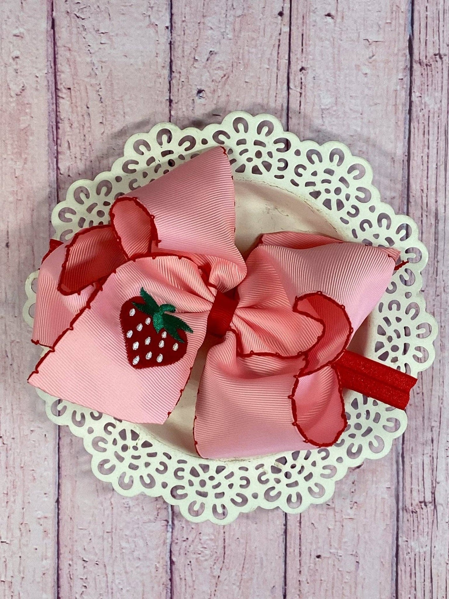 Strawberry Embroidered Moonstitch Hair Bow